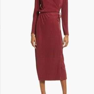 Charles Henry Plissè Long Sleeve Burgundy Wrap Dress